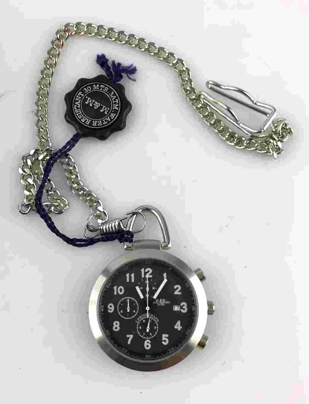 M&M Pocket Watch Primo Emporio Steel 42Mm Chrono Quartz Black New Elegant