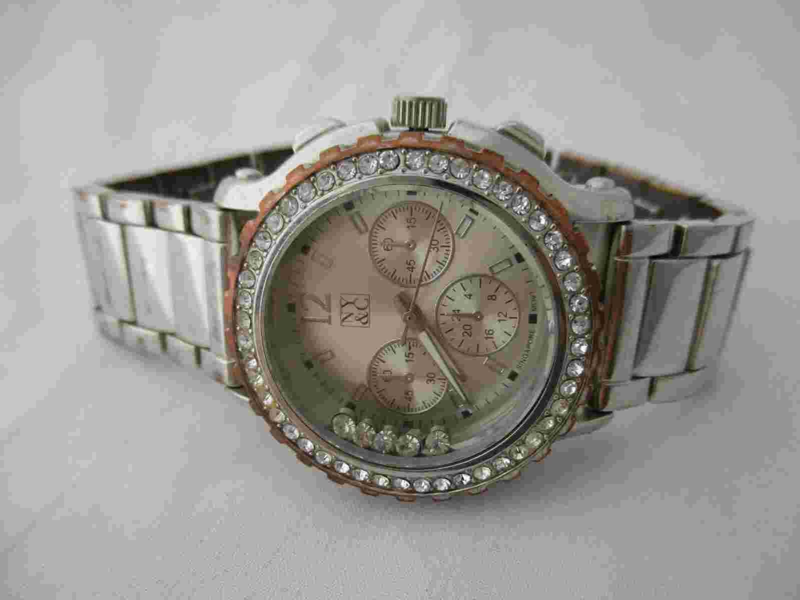 New York & Co Silver Toned Stainless Steel Band Women's Watch Analog Rhinestones