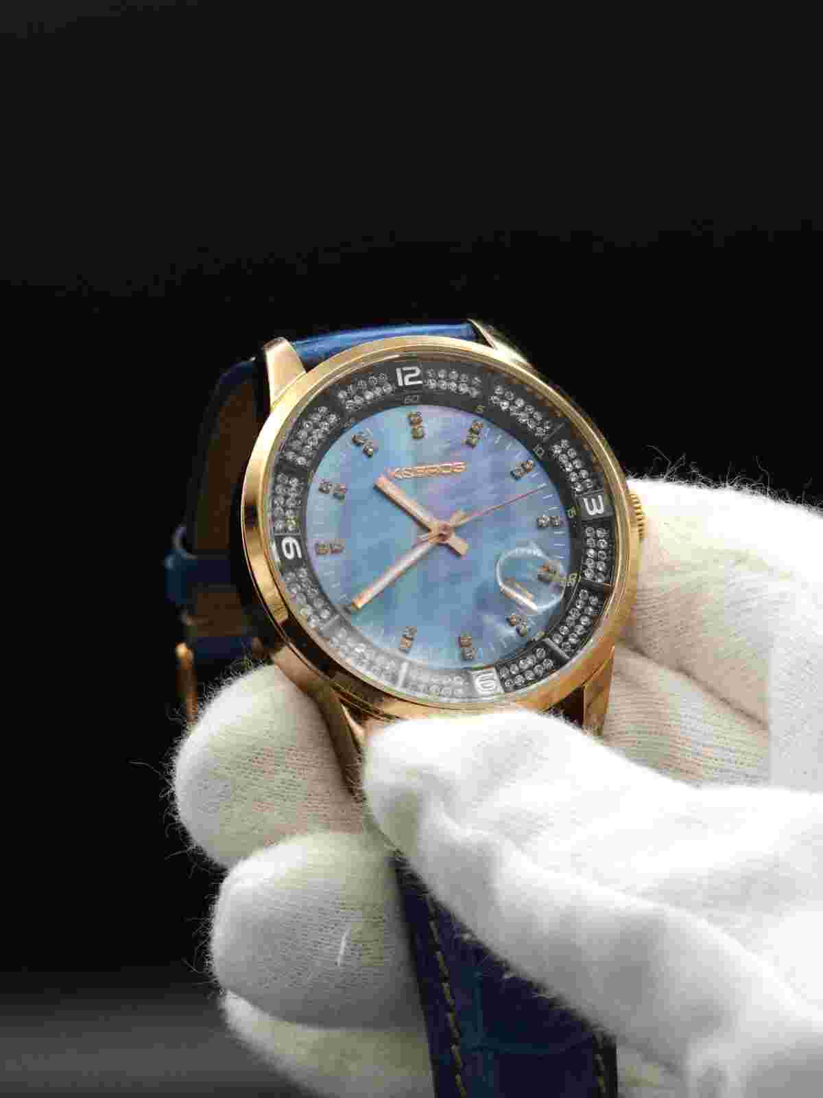 K&BROS Women's 9145-3 Steel Moon Rose Gold Shiny Leather Strap Watch