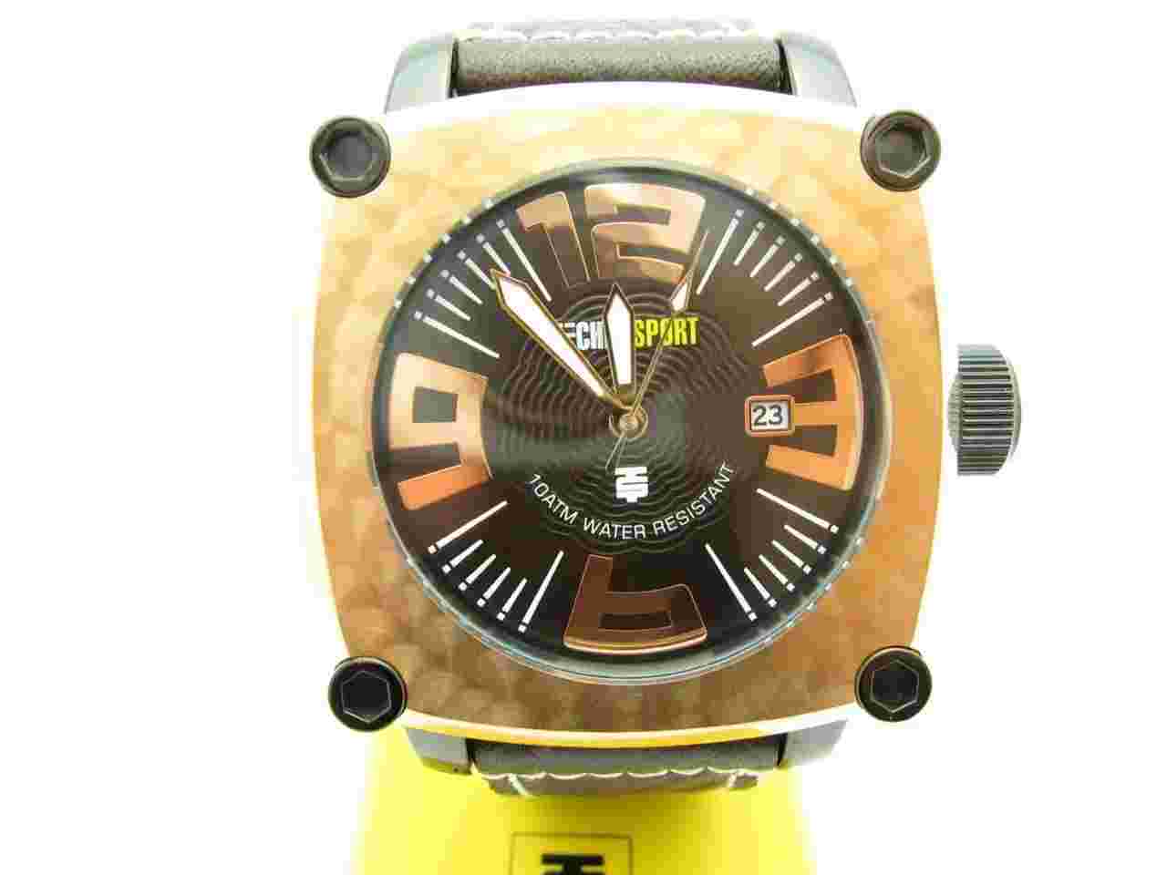 TECHNO SPORT CHRONOGRAPH STAINLESS STEEL ROSE GOLD TONE LEATHE RECTANGULAR WATCH