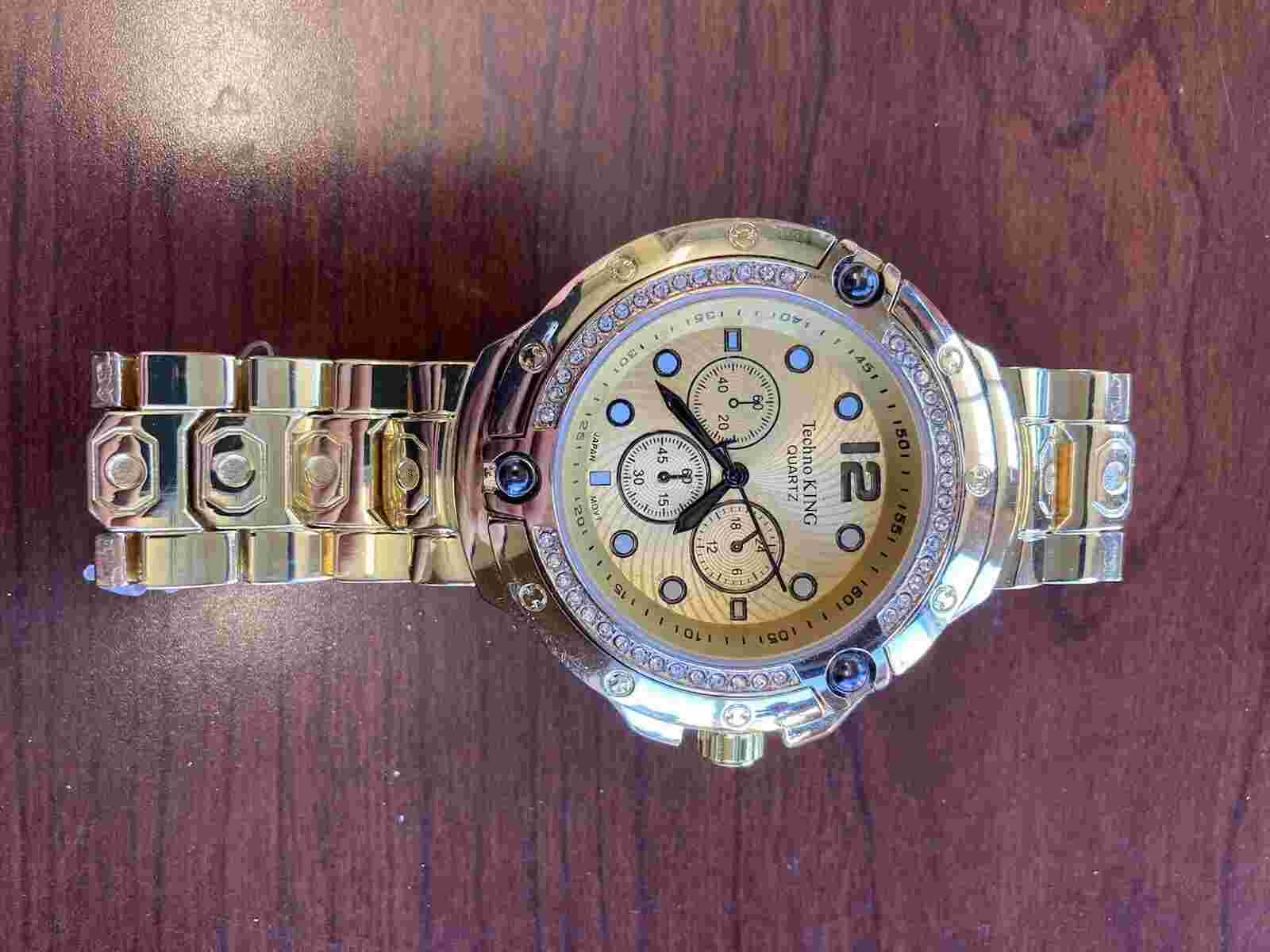 Techno King Quartz Watch (works, Needs Battery And Lense) Gold Tone W/ Wristband
