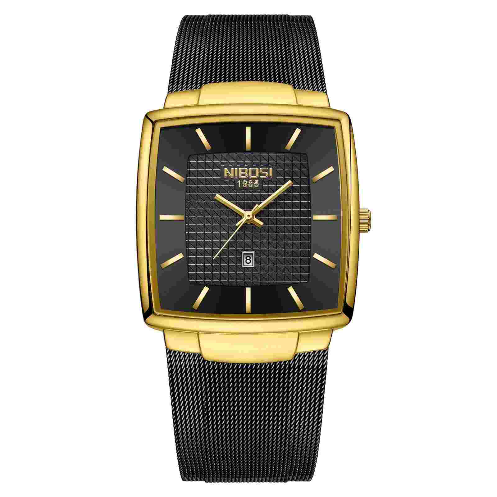 NIBOSI Men's Watch Japanese Quartz Stainless Steel Mesh, Black Gold, Superb