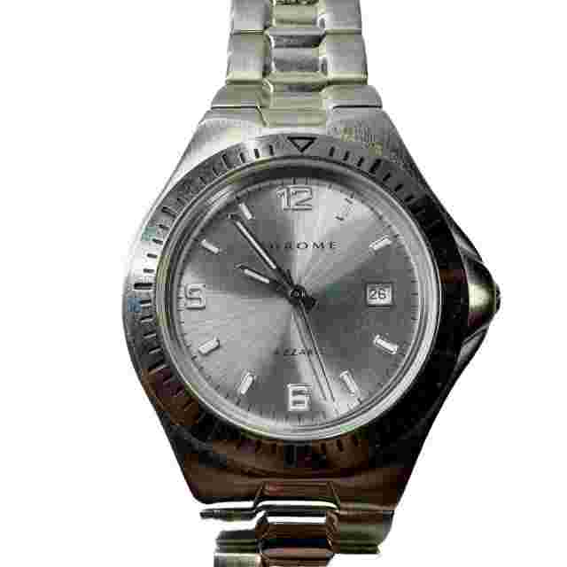 Chrome Azzaro Watch Men Silver Tone Date Window Round Face New Battery 7.25"