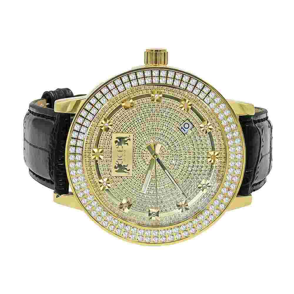 Real Diamond 2 Row Steel Bezel Gold Finish Leather Strap Band Khronos Mens Watch
