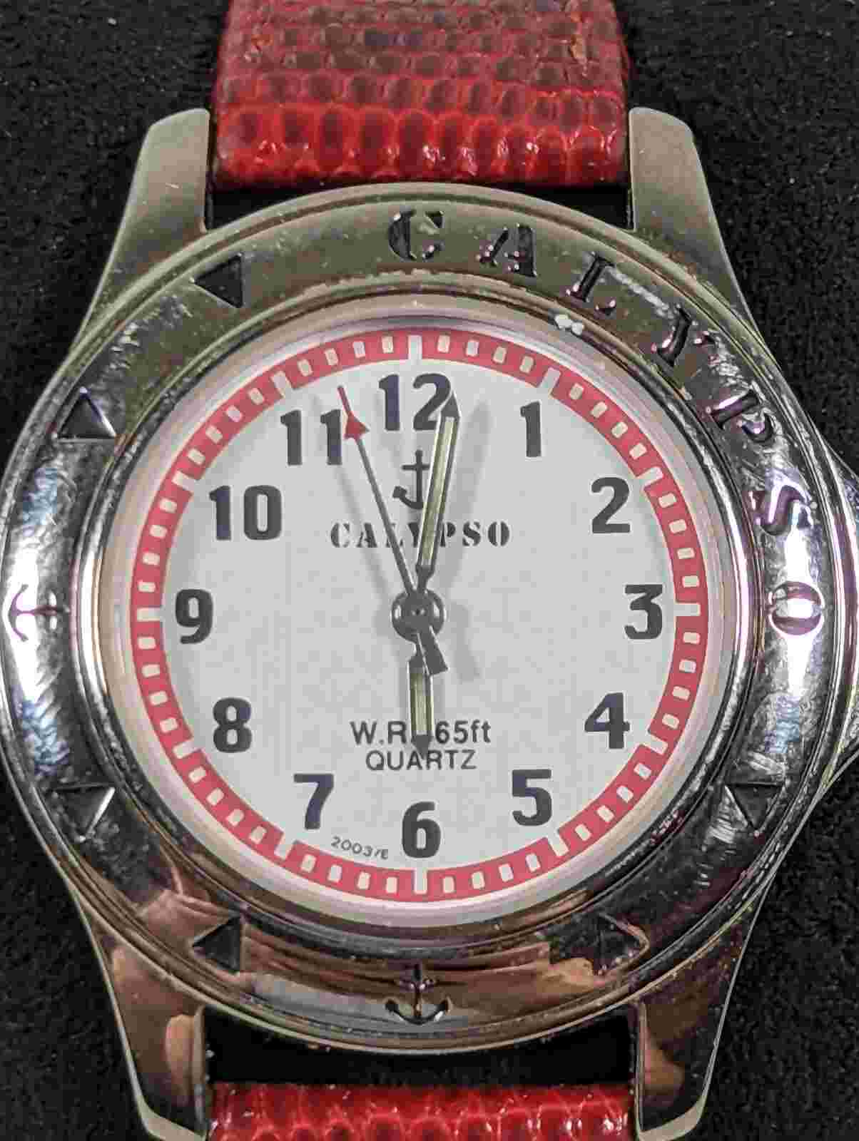 Calypso Round Silver Tone Case Red Leather Band Watch New Battery