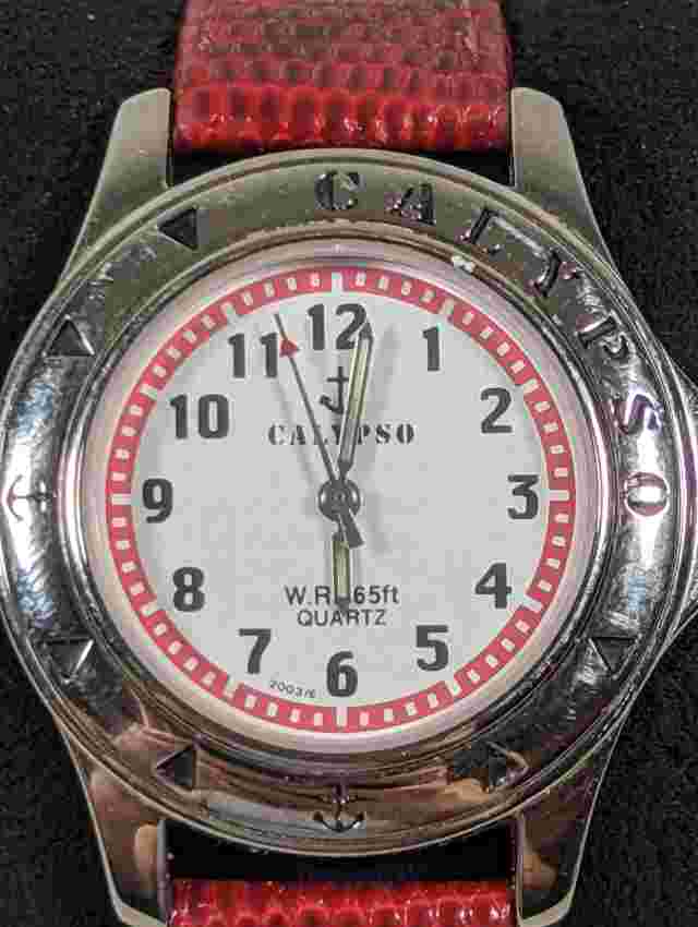 Calypso Round Silver Tone Case Red Leather Band Watch New Battery