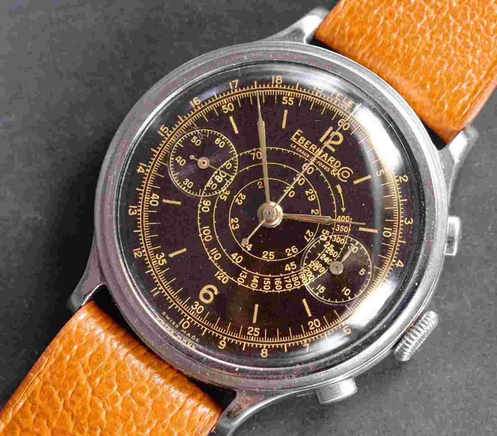 Eberhard Pre-Extra Fort 40mm Step-case Chronograph, Tropical Gilt Dial c 1940