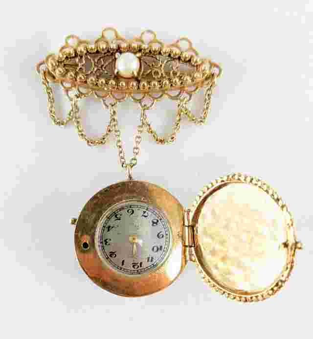 Vintage 14K Hand Painted Limoges DEAUVILLE Watch Co. Manual Wind Lapel Watch Pin