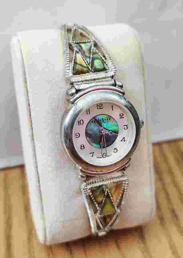 Vintage LA Express Watch Silver Tone Abalone Dial Stretch Band New Battery Works
