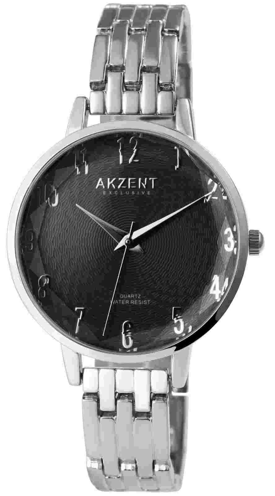 Elegant Accent Ladies Watch Anthracite Silver Metal Strap Faceted Glass