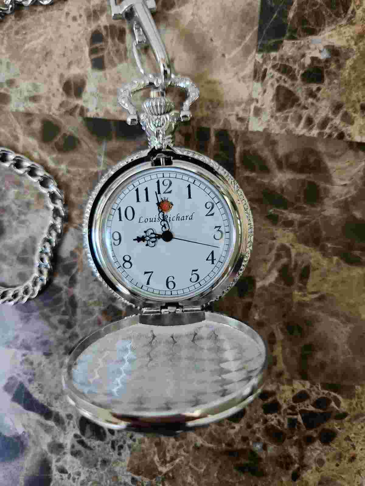New Louis Richard Pocket Watch Train Style Men’s fashion silver-plated  w Chain!
