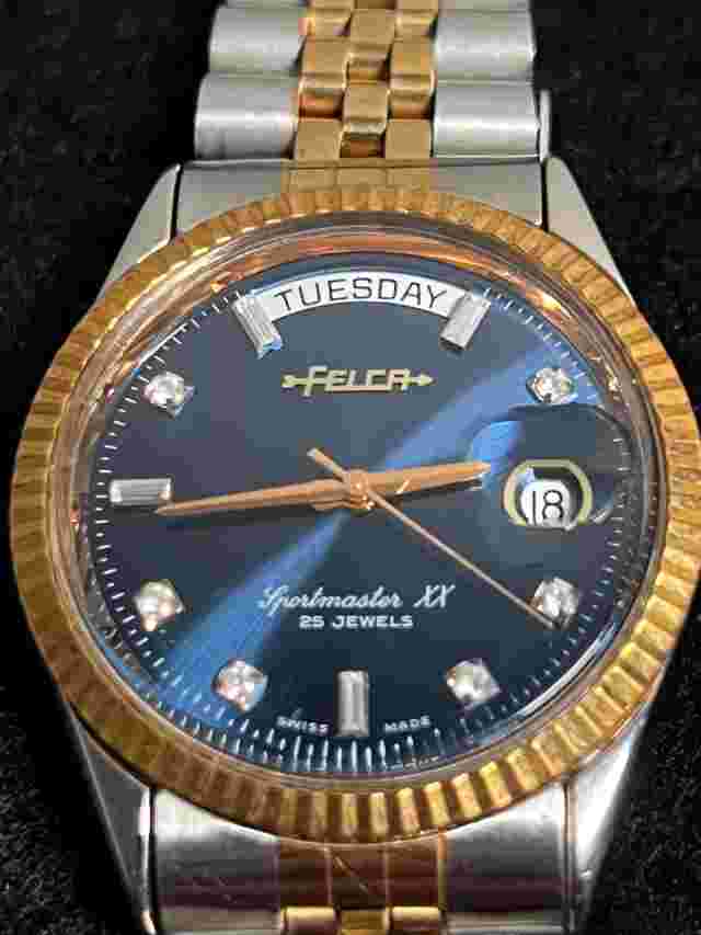 Felca Sportmaster XX 25 Jewels Rare Blue Diamond Dial Day Date Auto Mens Watch