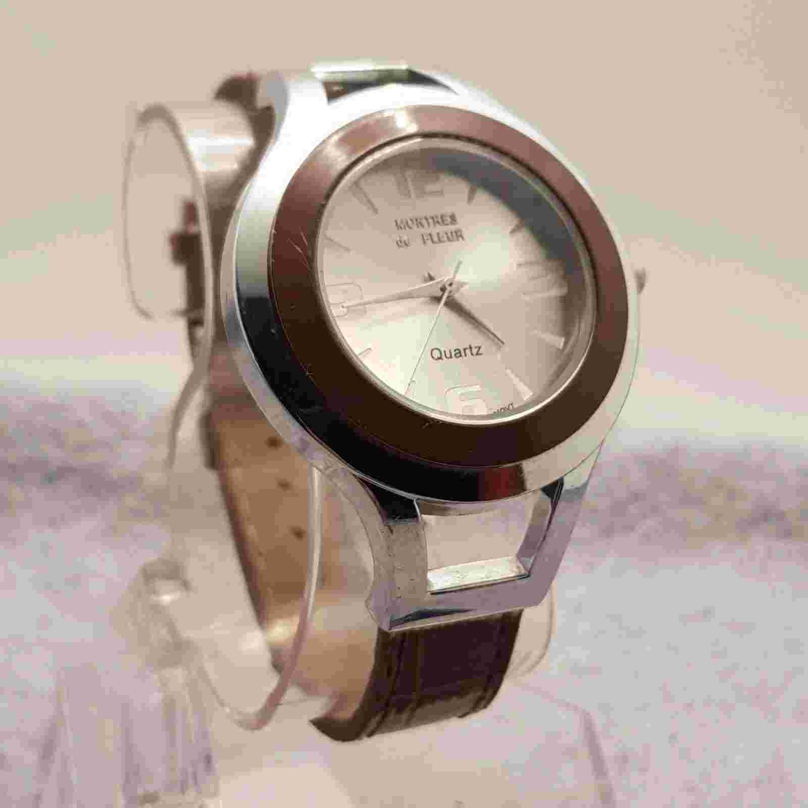 MONTRES de FLEUR Quartz Watch Silver Dial Brown Leather Band...NEW BATTERY