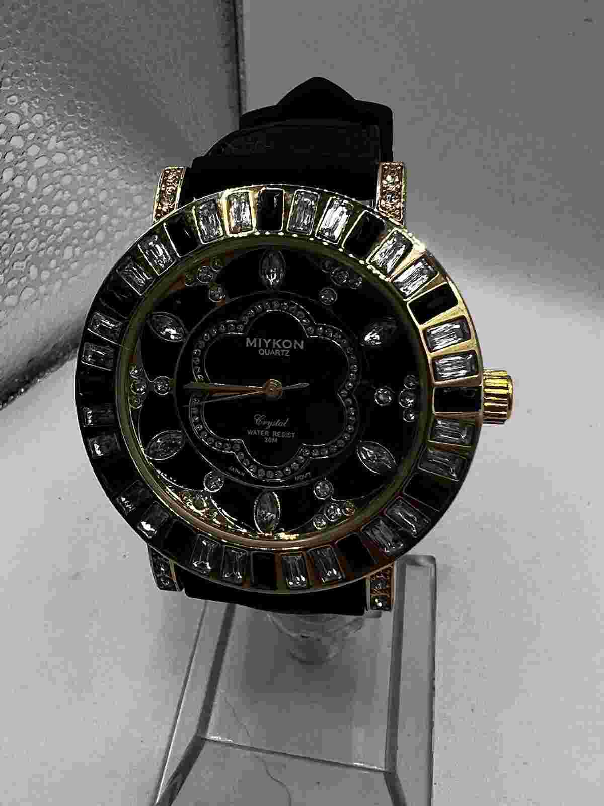 Miykon Womens Silver Crystal Watch Black Silicone Band!