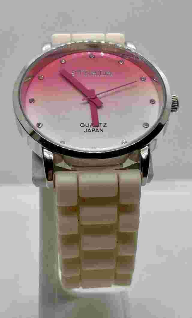NEW STRADA Ladies Watch Fresh Battery Iced Indices Pink Ombré  Dial White Band