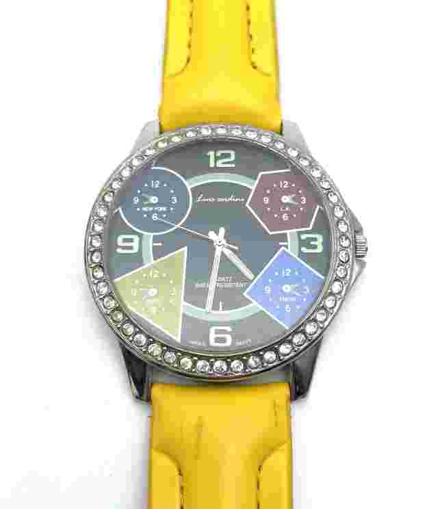 Luis Cardini 5 Time Zone Watch Colorful Geometric Yellow Leather Band **