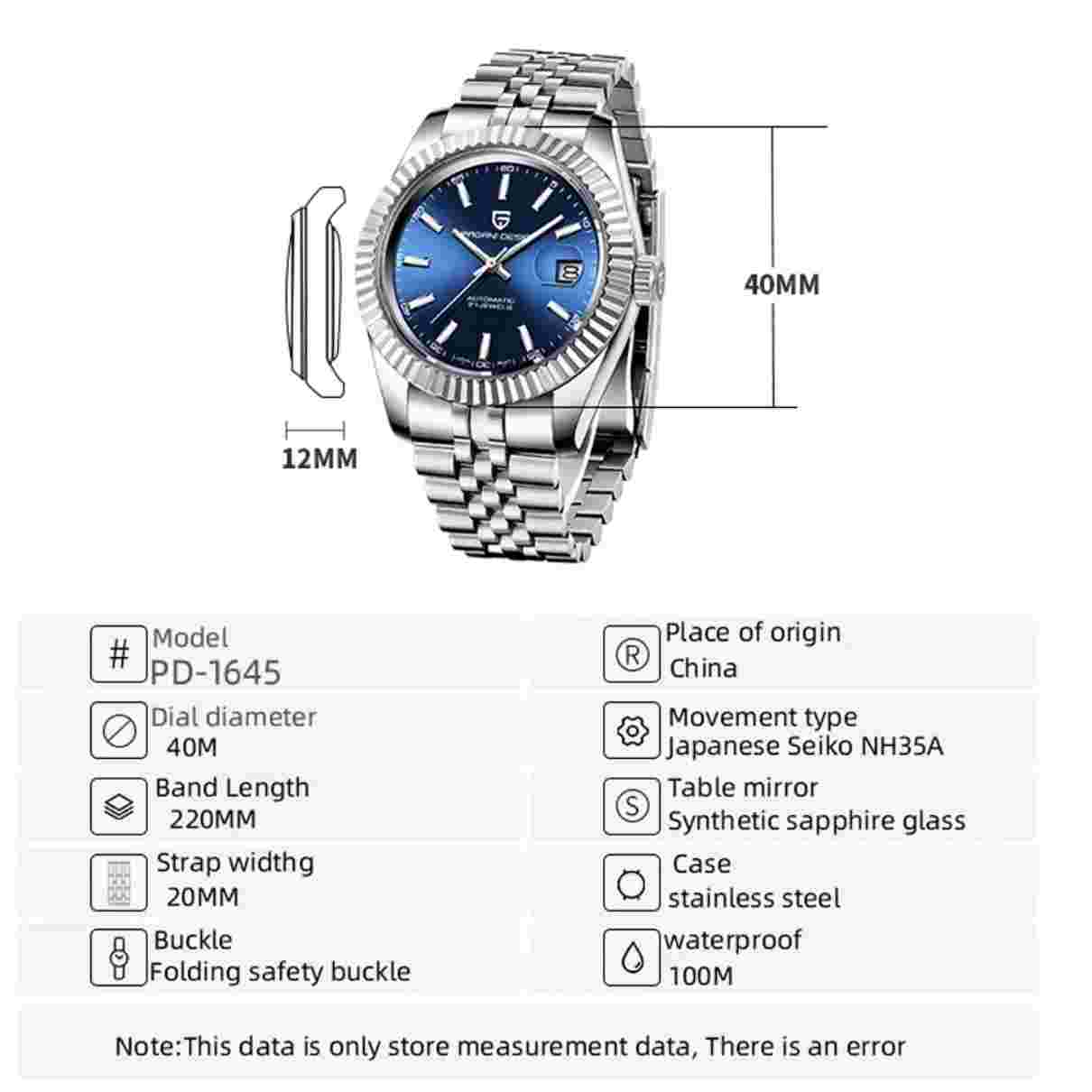 PAGANI DESIGN Mens Watch Luxury Automatic Stainless Steel Date Watch For Men