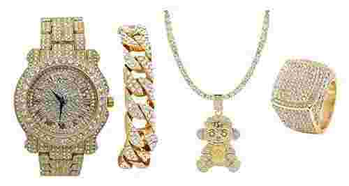 Bling Monkey Pendant  Watch w/Crystal Cuban Bracelet & Ring 4pc set L0504Monkey
