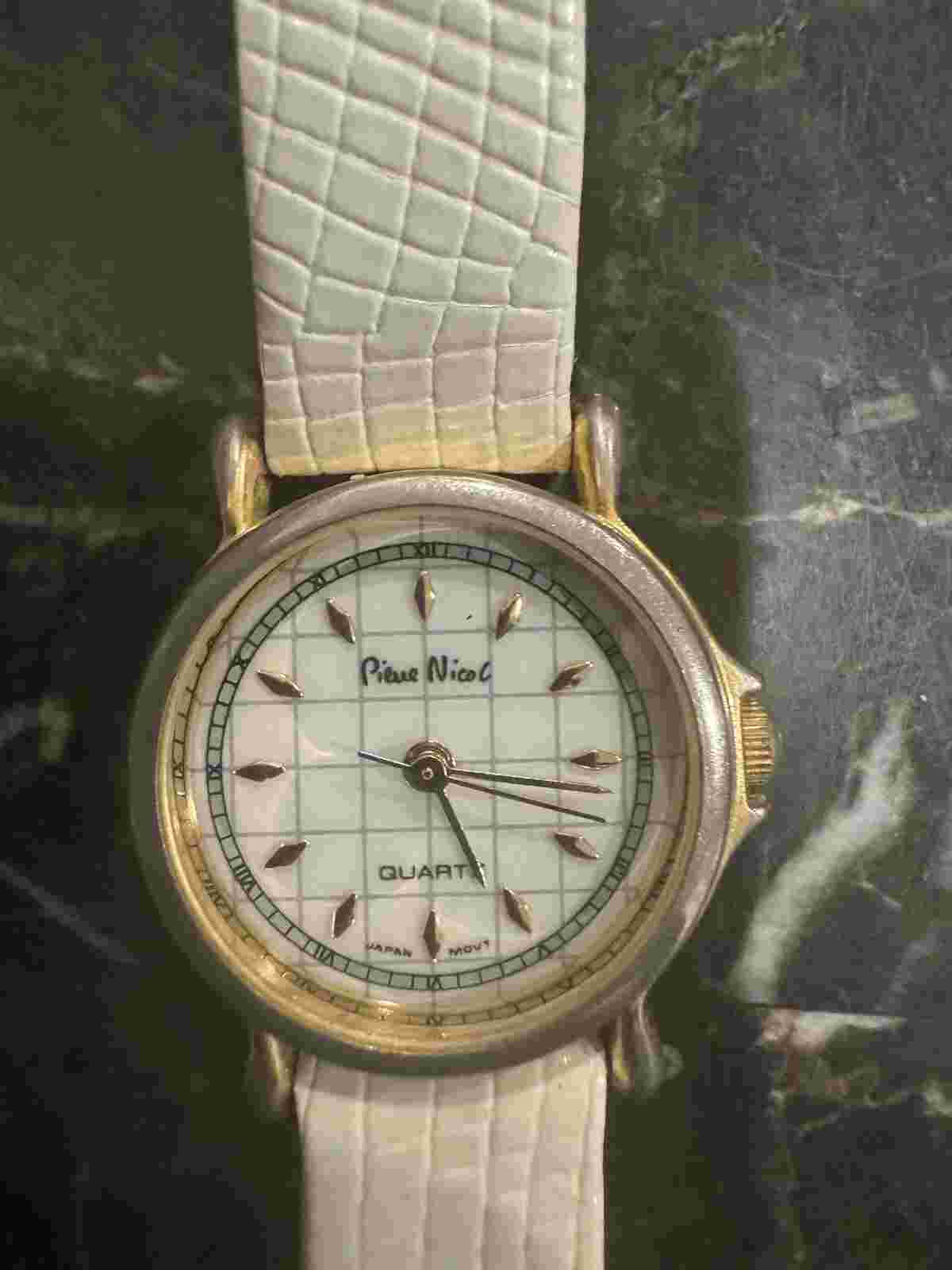 Vtg Pierre Nicol Ladies White Leather Band Wristwatch W Design Patterned Face