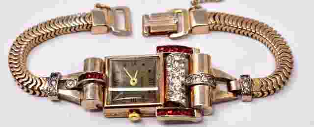 Ladies Retro '30s Rose Gold Filled & Ruby/Diamond Rhinestone Watch, Quartz Conv.