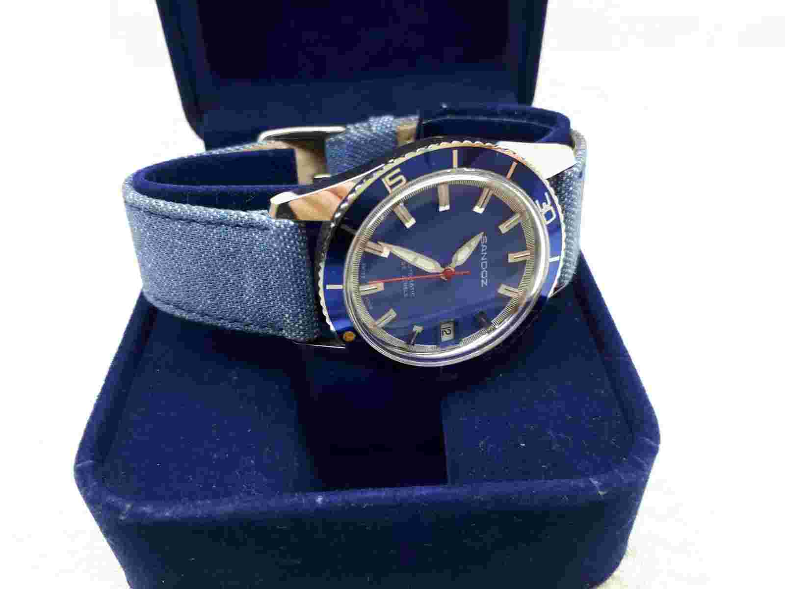 NOS SANDOZ AUTOMATIC BLUE DIAL RARE MEN’S WATCH SWISS DATE ROTATE BEZEL DIVER