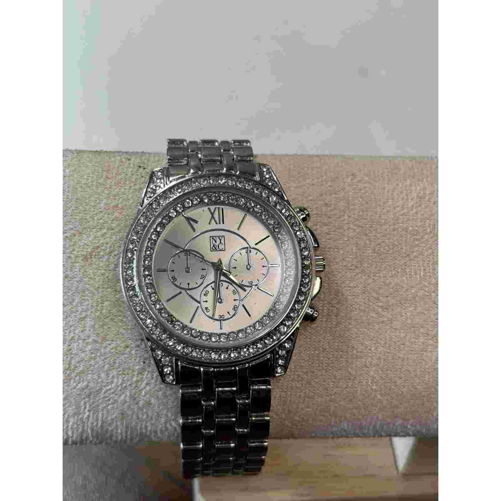 Women's NY&C Chronograph Watch Silver-Tone Stainless Steel Crystal-Accented Beze