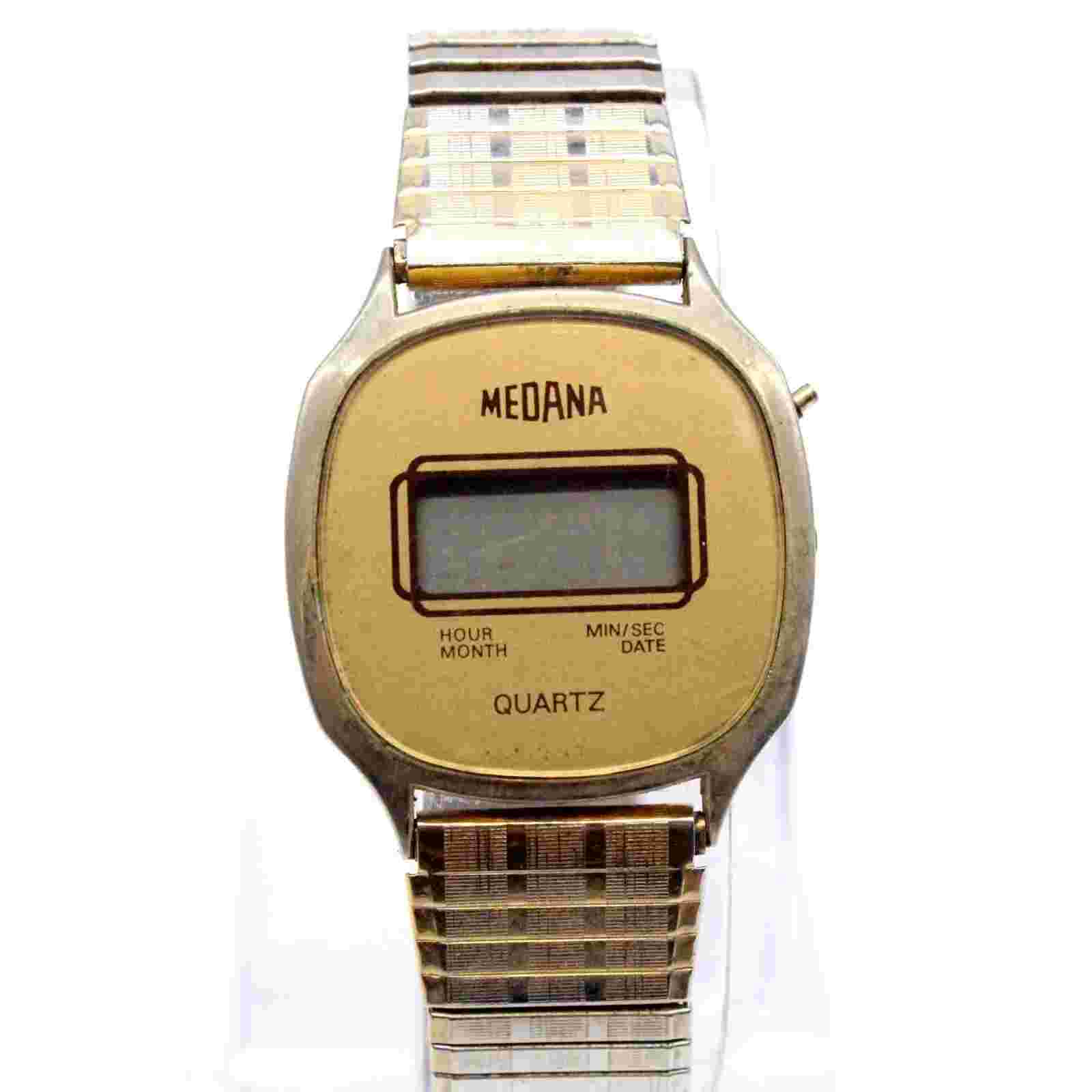Vintage MEDANA Digital Watch Mens Gold Tone Stainless Steel Quartz Retro 80's