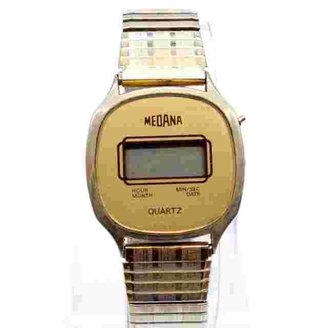 Vintage MEDANA Digital Watch Mens Gold Tone Stainless Steel Quartz Retro 80's