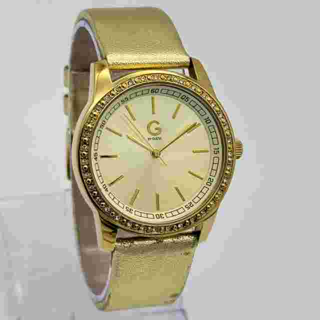 Unisex G by GUESS Gold Tone Watch, Gold Leather, Crystal Accents, 38mm G74041L1