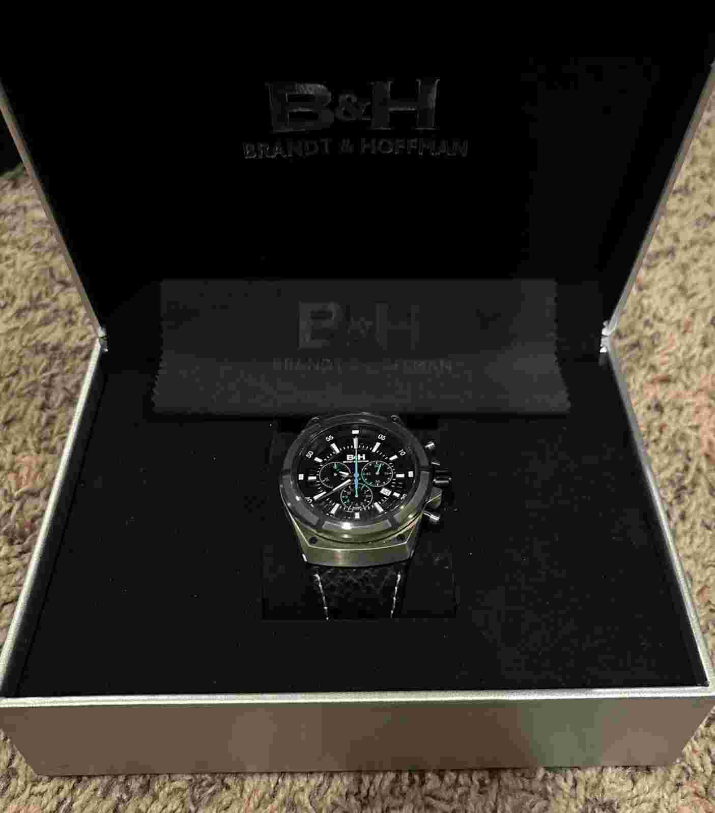 NEW Brandt & Hoffman Deacon Mens Swiss Chronograph Watch Black Dial Blue Accents