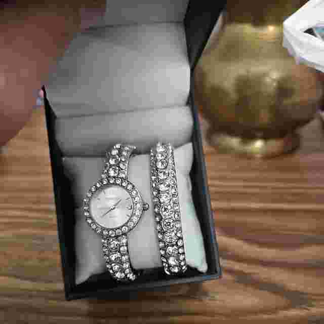 Embassy By Gruen Ladies White Crystal Silver Tone Watch & Bracelet Set - L