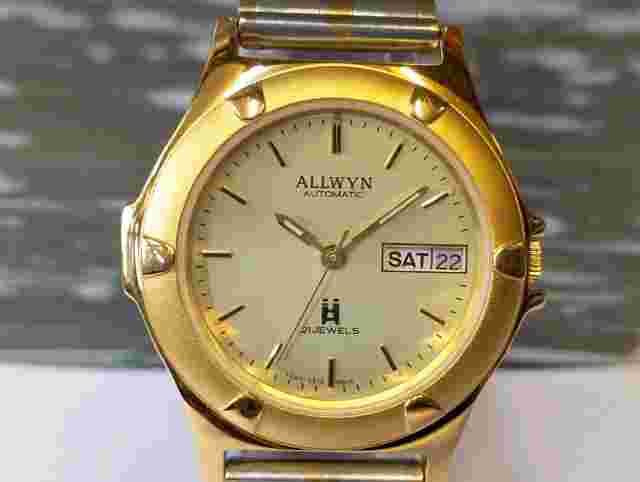 ALLWYN 21 JEWELS AUTOMATIC NOS GOLD DIAL Y381-8460 INDIA MEN'S FULL WORKING VTG.