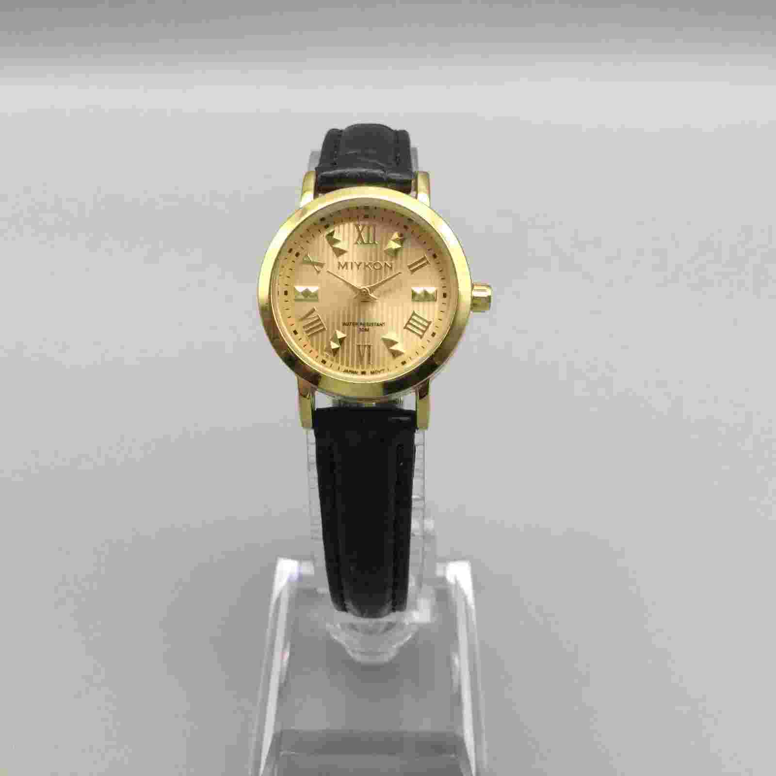 Miykon Watch Women 25mm Gold Tone Round Black Leather Band 30M New Battery
