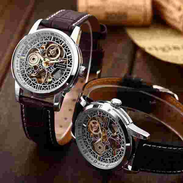 SHENHUA Skeleton Automatic Round Face Stainless Steel Leather Strap Watch