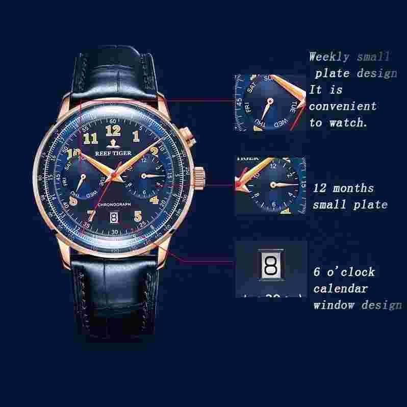 Reef Tiger Mens Luxury Watches 44mm Automatic Mechanical Wristwatch Multi Dial