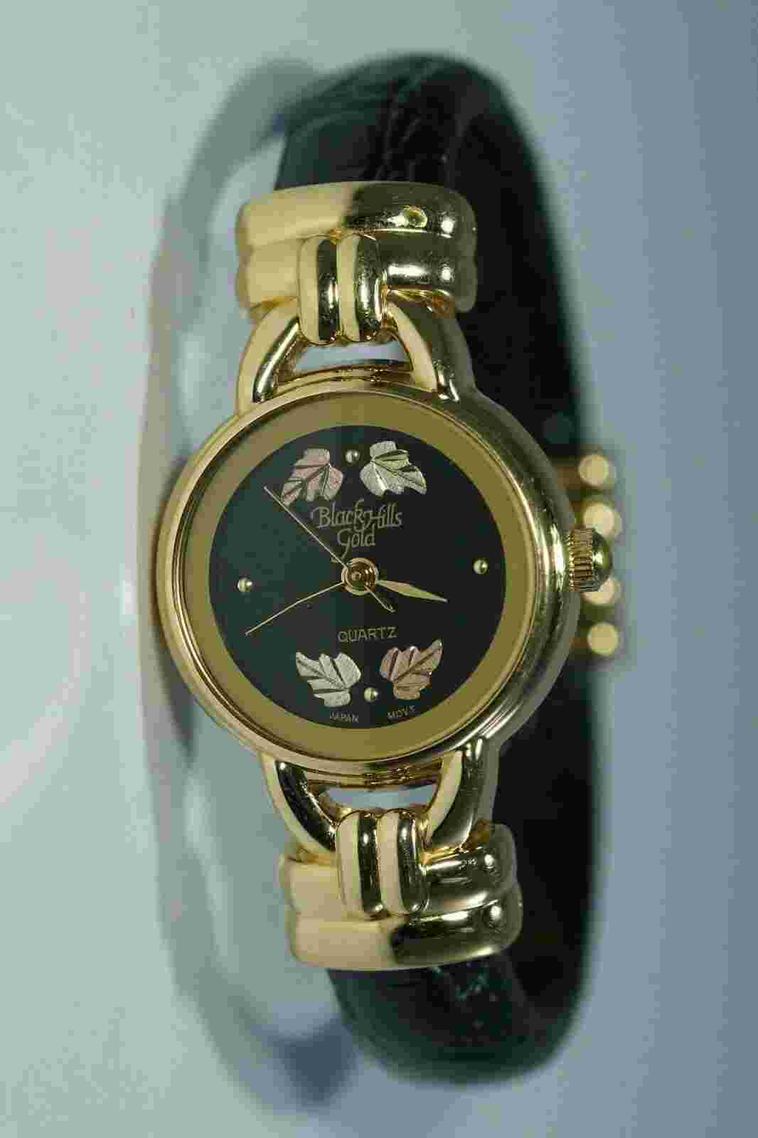 BLACK HILLS 12K Green & Rose Gold Grape Leaves, Cuff Watch, Black Leather