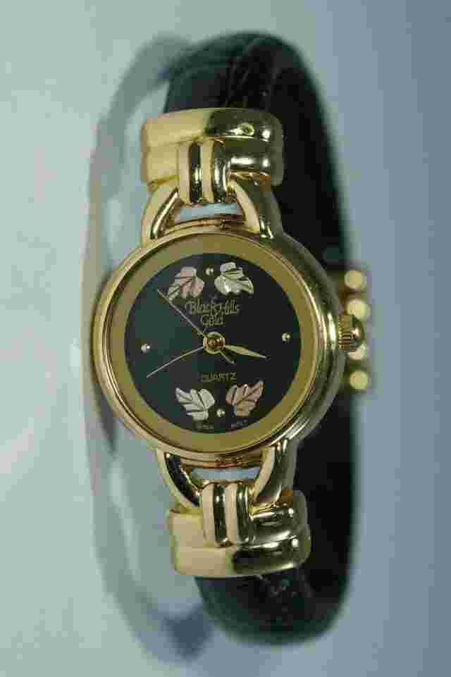 BLACK HILLS 12K Green & Rose Gold Grape Leaves, Cuff Watch, Black Leather
