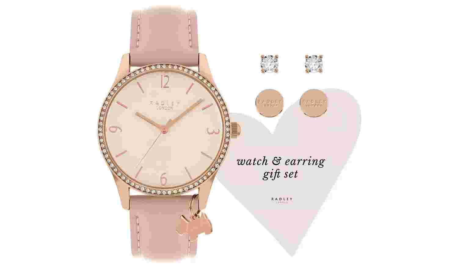 NEW & BOXED LADIES RADLEY WATCH ROSE GOLD CASE, PINK STRAP TWIN EARRING GIFT SET