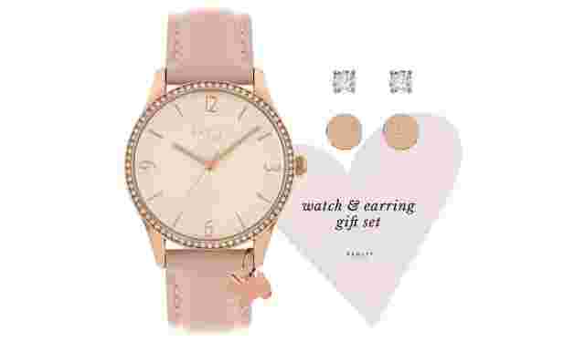 NEW & BOXED LADIES RADLEY WATCH ROSE GOLD CASE, PINK STRAP TWIN EARRING GIFT SET