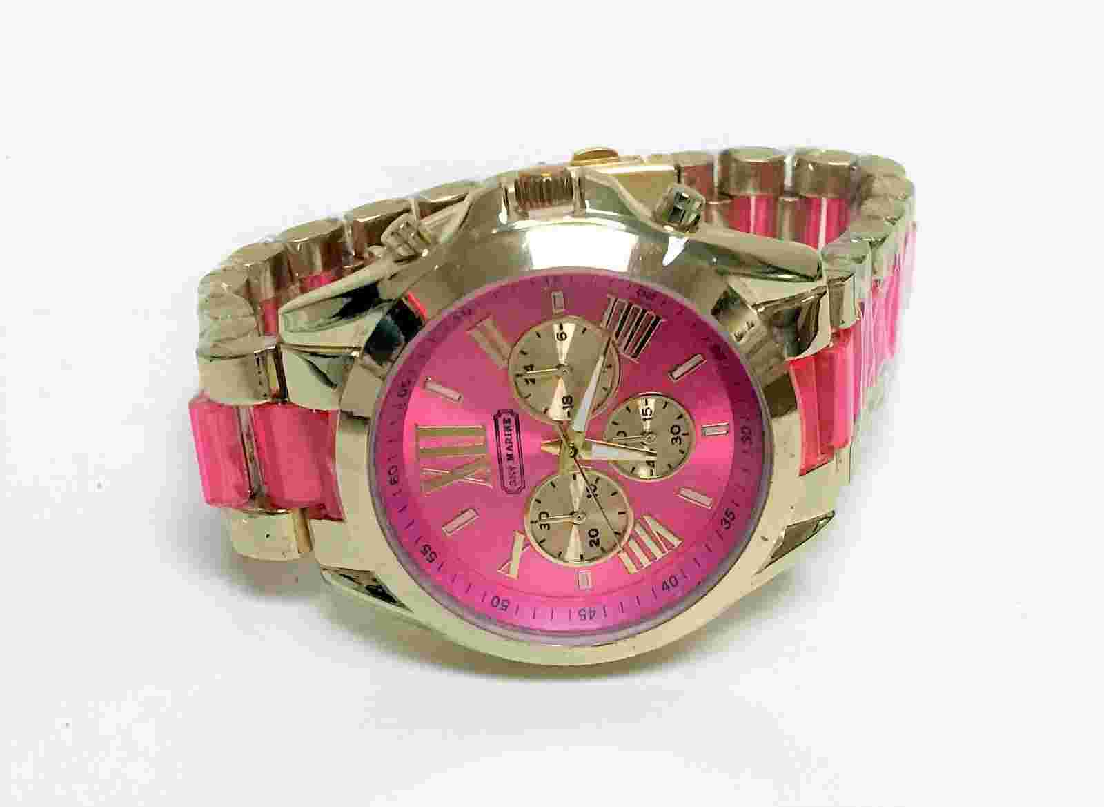 NEW SKY MARINE GOLD+PINK 2 TONE,ROMAN NUMERALS,PINK DIAL,LINK BRACELET WATCH