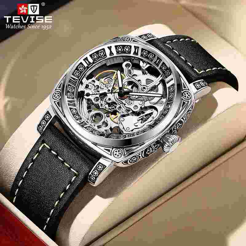 TEVISE Men's Skeleton Hollow Luminous Tourbillon Automatic Mechanical Wristwatch