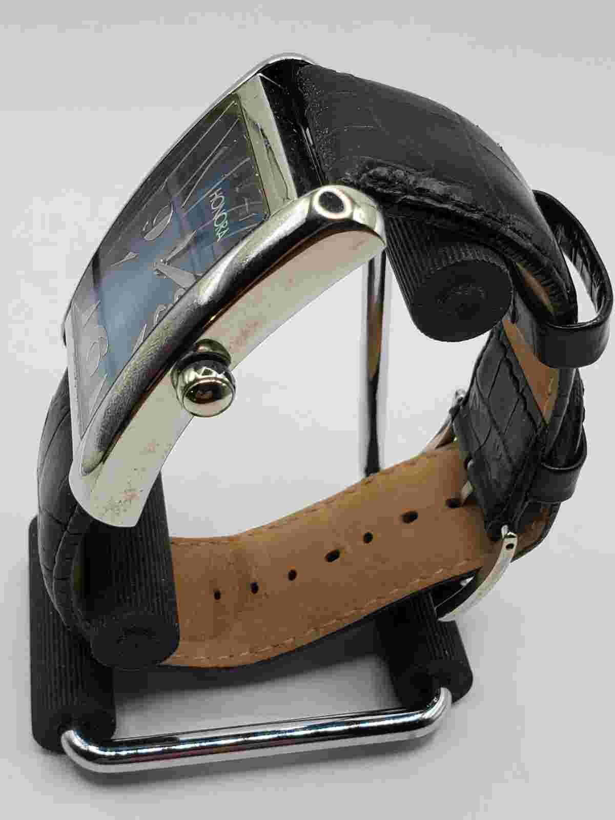 Honora Men's Fashion Quartz Watch 32mm Rectangle Silver Tone Black Leather