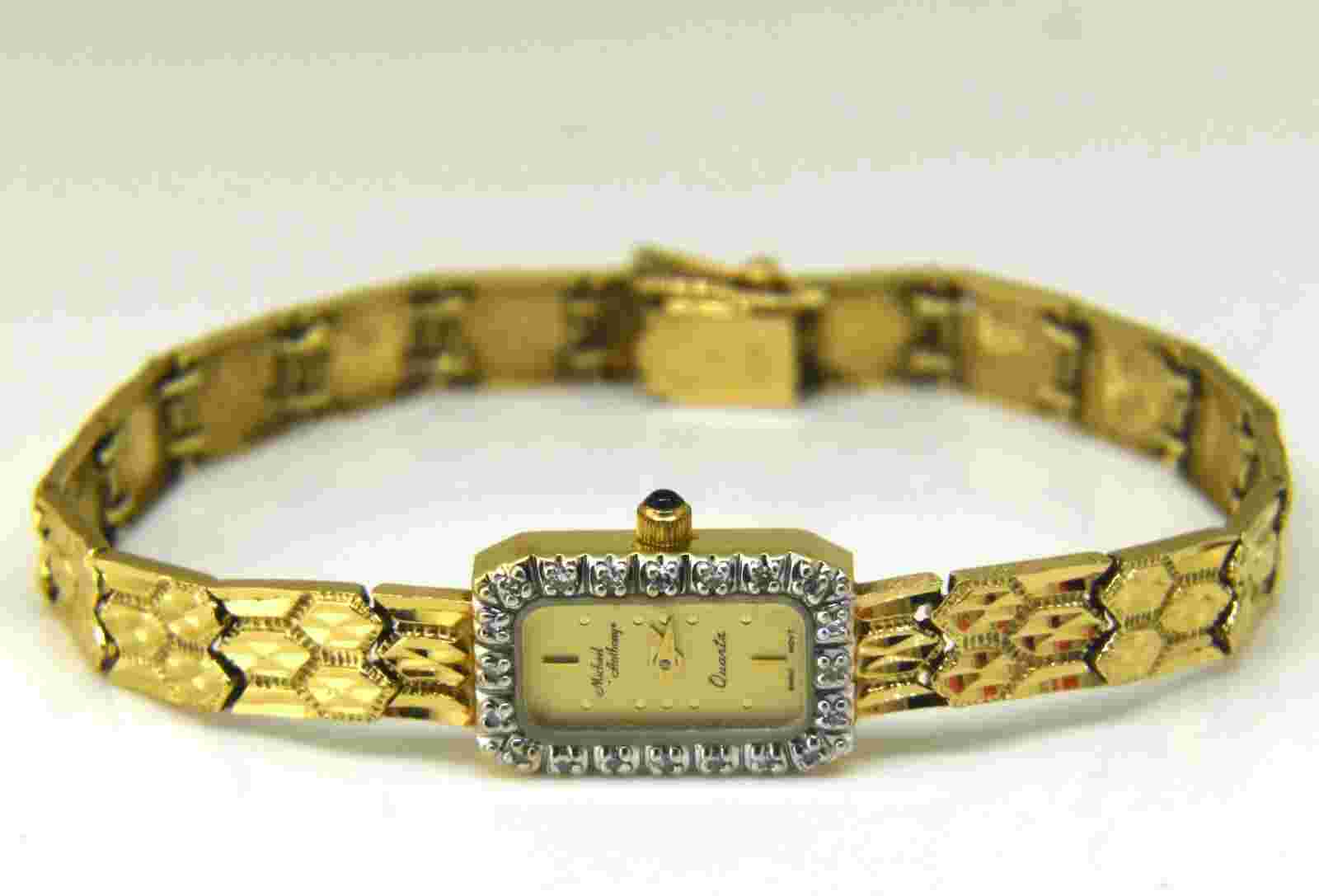 Vintage 14K Yellow Gold Michael Anthony Quartz Wrist Watch Diamond Bezel