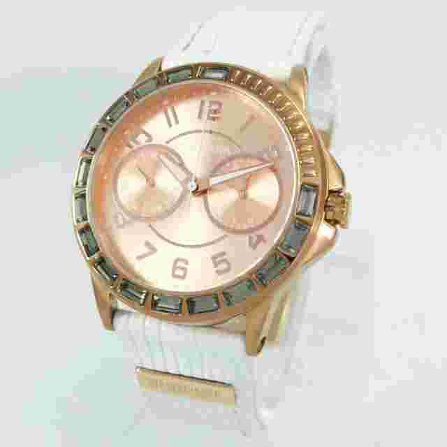 Dyrberg/Kern White Leather Rose Gold Classic Quartz Diamonds Women's Wrist Watch