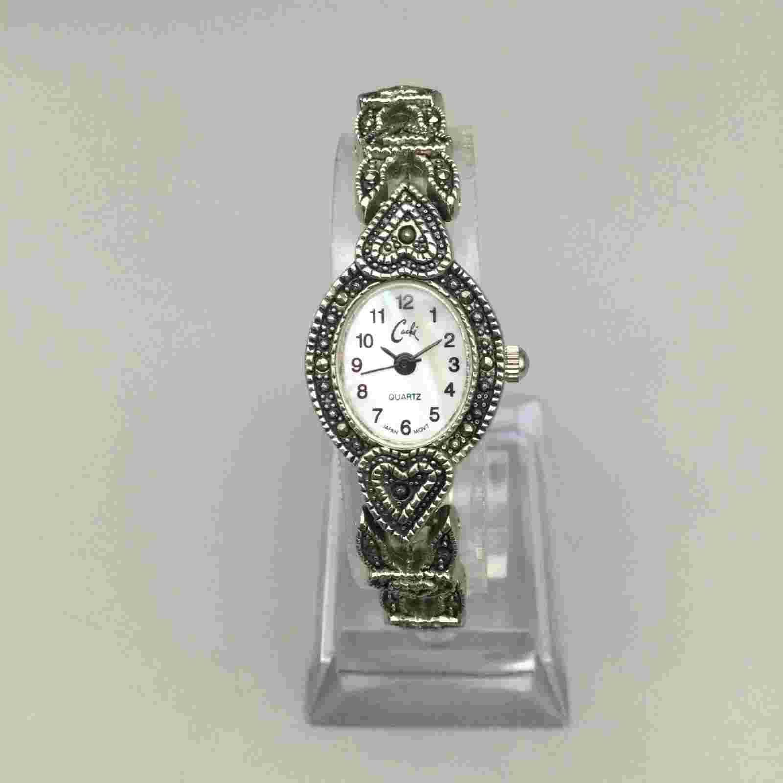 Cache Watch Women 18mm Silver Tone Marcasite Oval Dial New Battery 5.75"