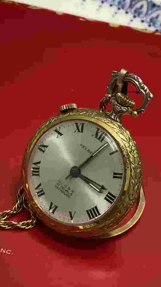 Kelbert Swiss Pocket Watch Pendant, Vtg 17 Jewels & Alarm, 29” GF Chain, works