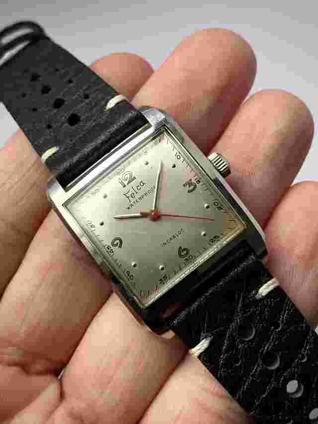 1950s Felca Waterproof Clamshell Square Steel watch ref 4066 ETA 1080 serviced