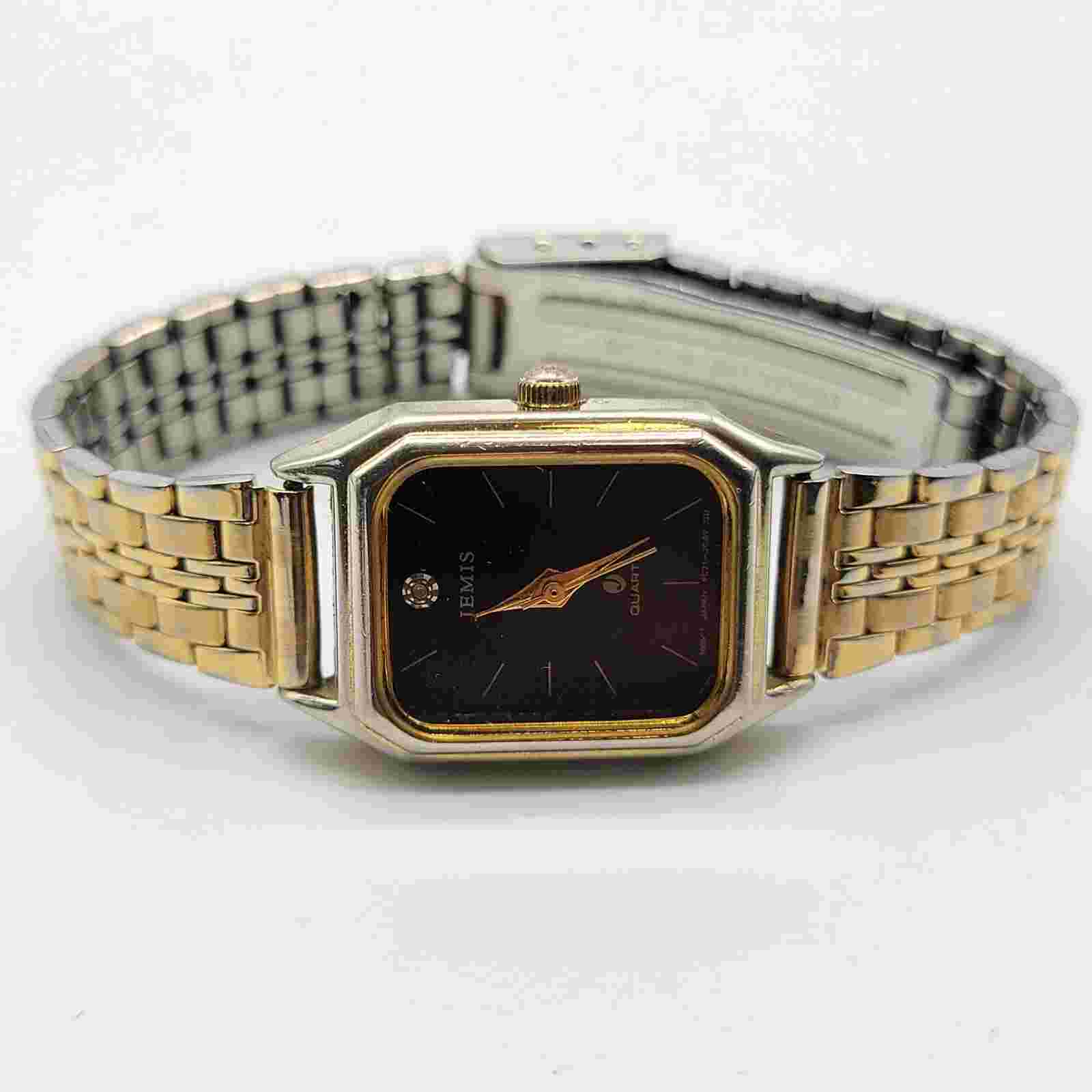 VTG Jemis Women Watch 20mm Black Dial Gold Tone Stainless Steel Band NewBattery*