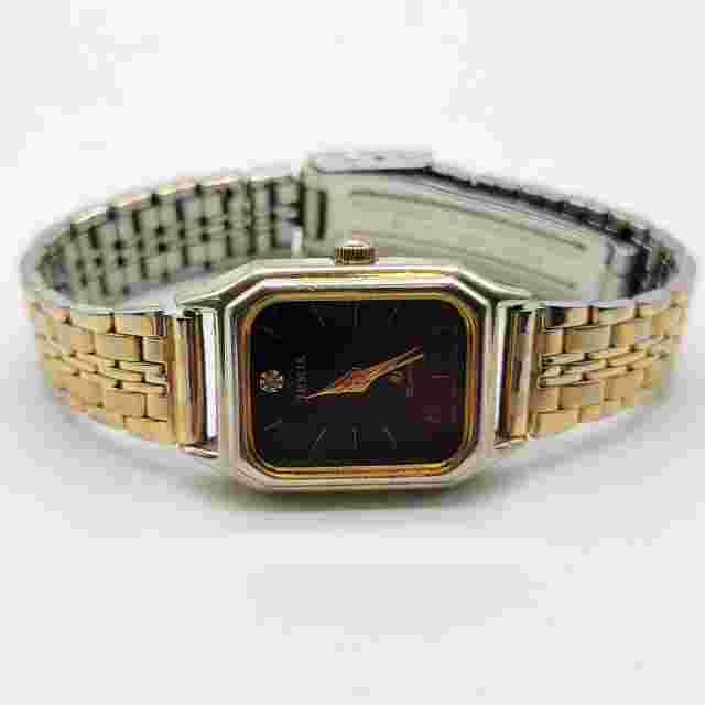 VTG Jemis Women Watch 20mm Black Dial Gold Tone Stainless Steel Band NewBattery*