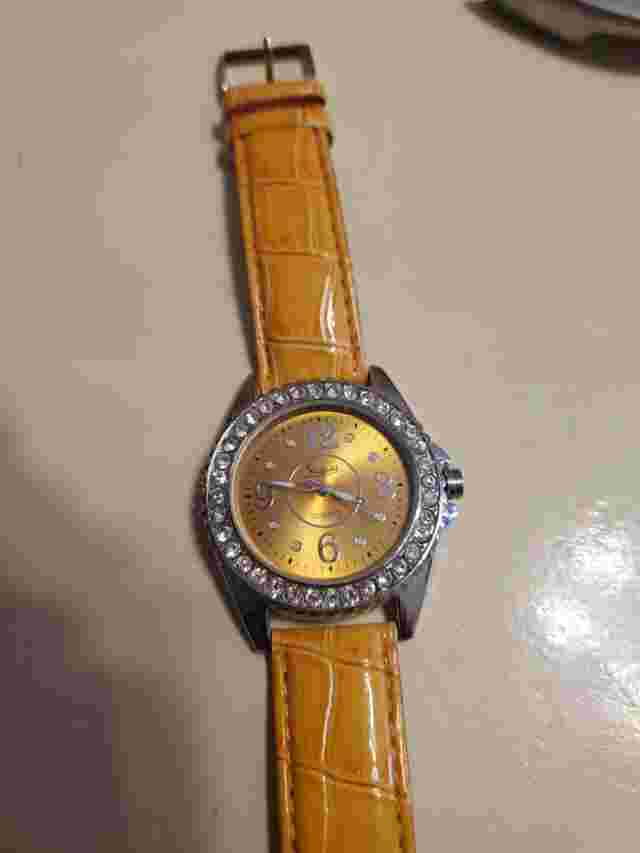Sheffield Gold Dial Crystal Accent Round Silver Tone Case Orange Band Watch